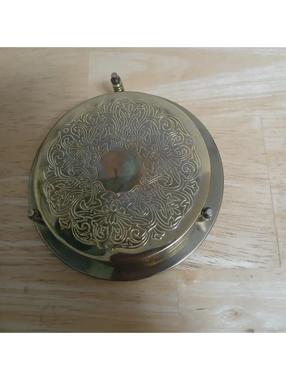 VTG Set of 6 Brass Plated Coasters with Holder Etched Scroll Design HK